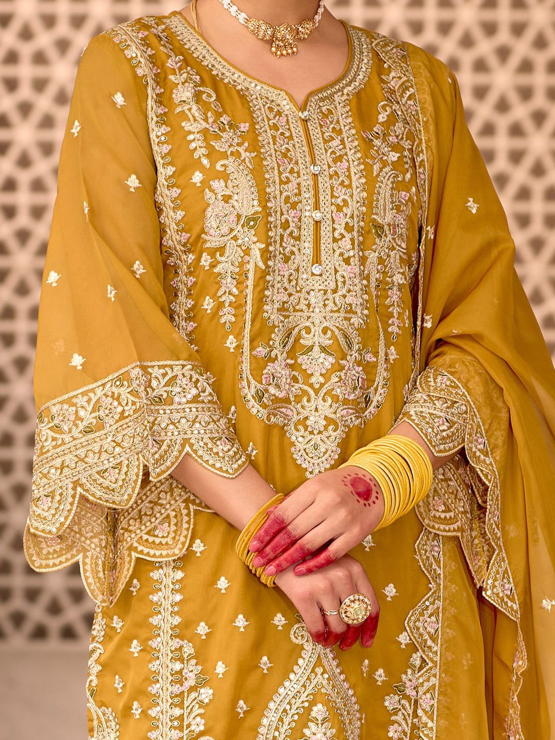 Indo Era Floral Embroidered Zari Organza Kurta With Trousers And Dupatta