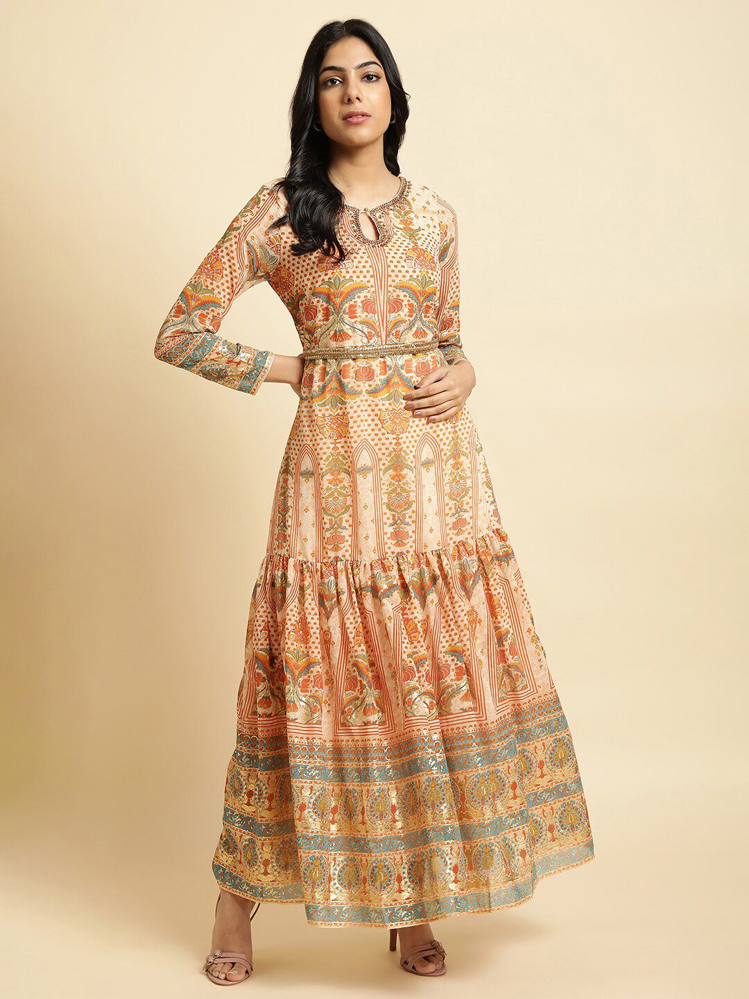 W Beige Floral Print Maxi Ethnic Dress