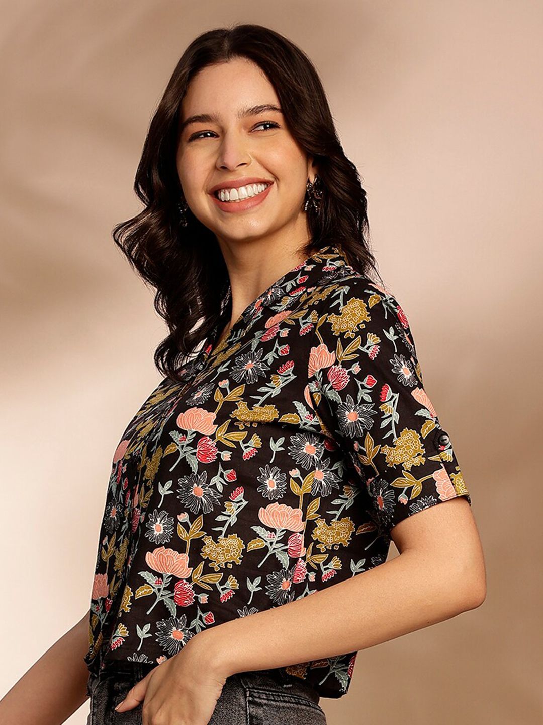 Anouk Floral Printed Shirt Collar Cotton Crop Top