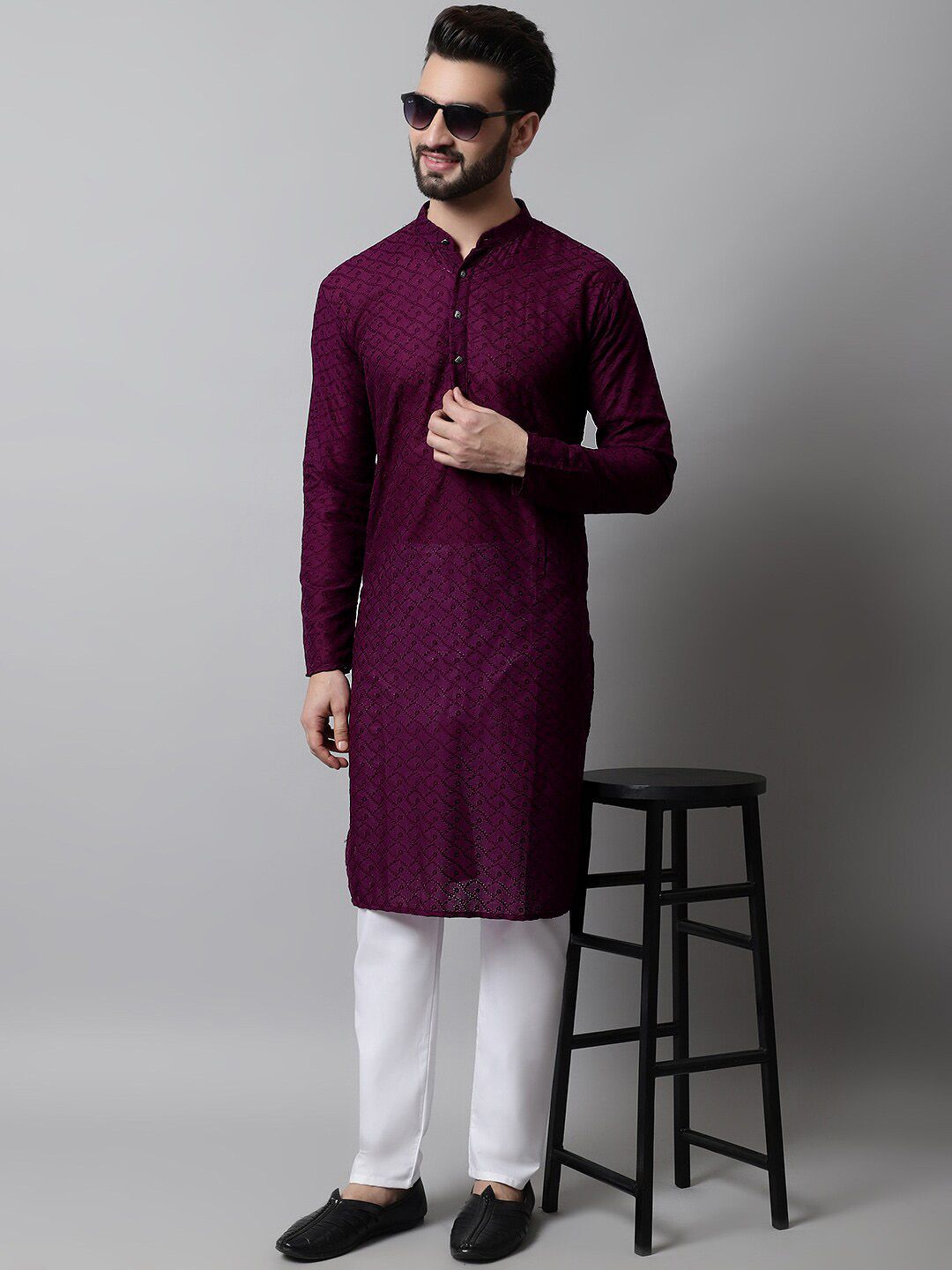 Jompers Embroidered Mandarin Collar Cotton Kurta