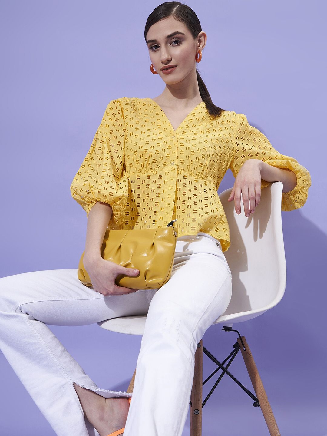 Athena Schiffli Self Design V-Neck Puff Sleeves Empire Top