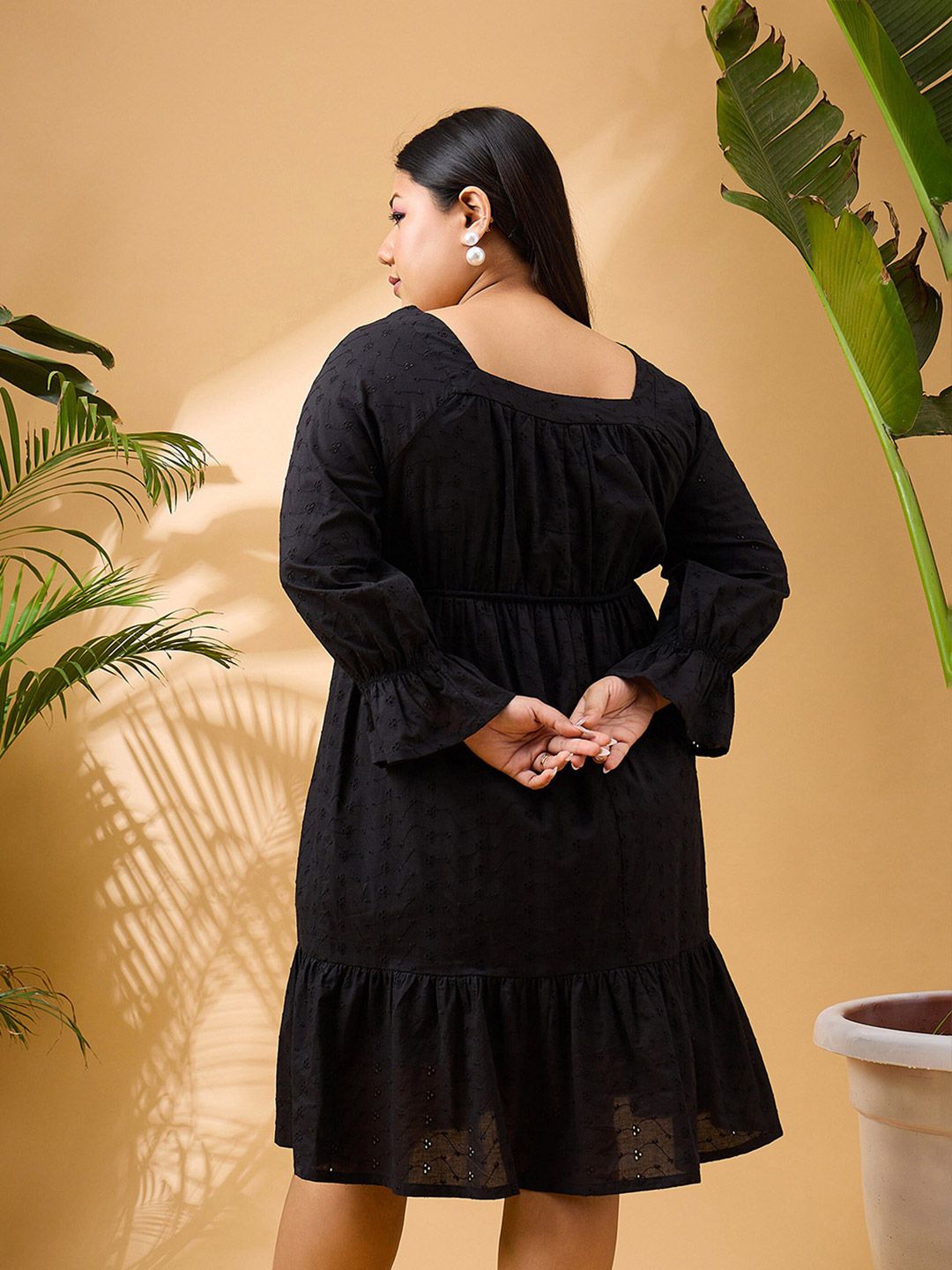 SASSAFRAS Curve Plus Size Self Design Schiffli Pure Cotton Fit and Flare Midi Dress