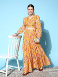 Shae by SASSAFRAS Women Yellow & Green Printed Ready to Wear Lehenga Choli