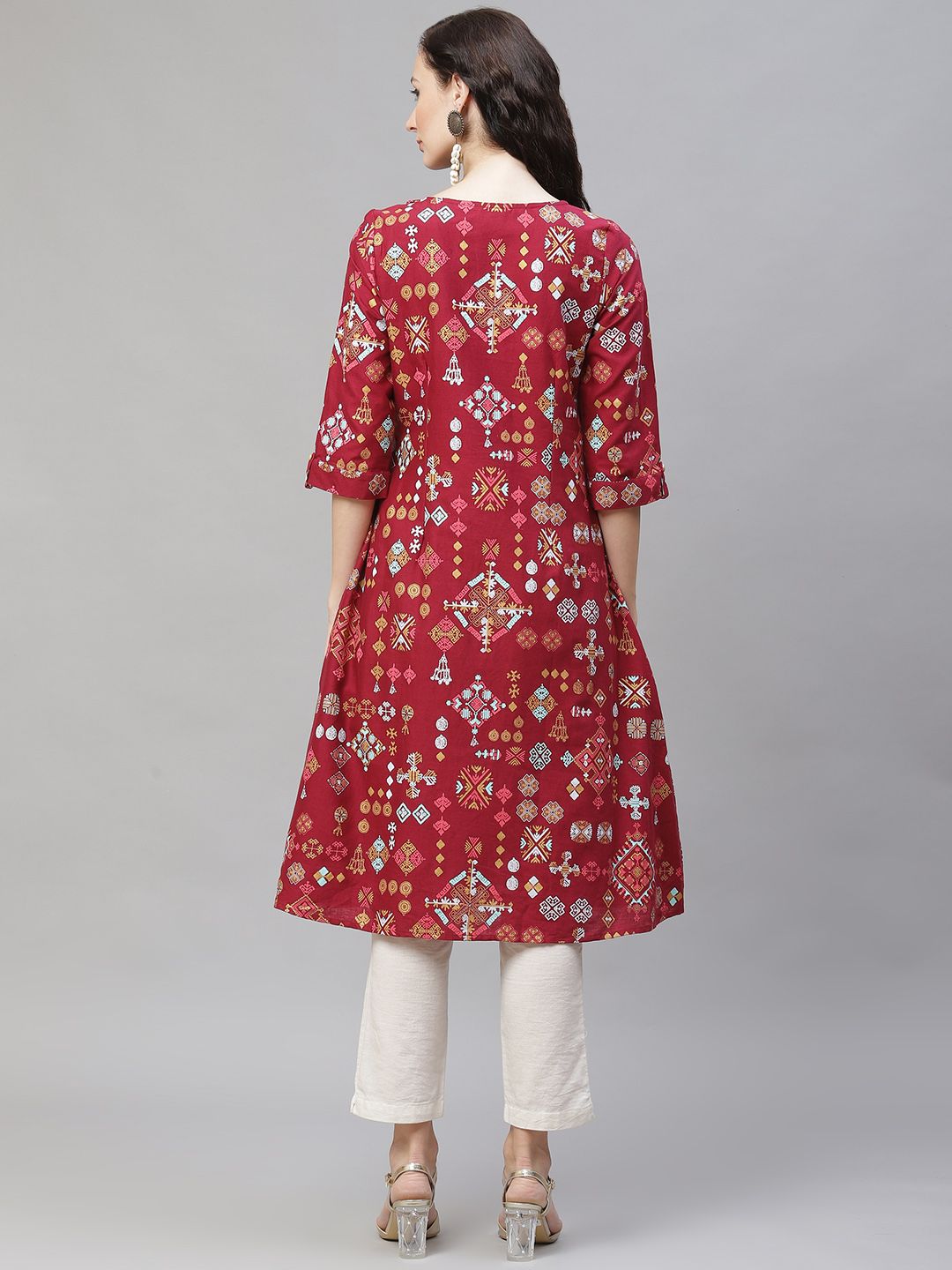 AURELIA Women Maroon & Golden Ethnic Motifs Print Angrakha A-line Kurta