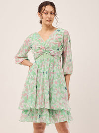 Antheaa Green Floral Printed Puff Sleeves Gathered Smocked Fit & Flare Dress
