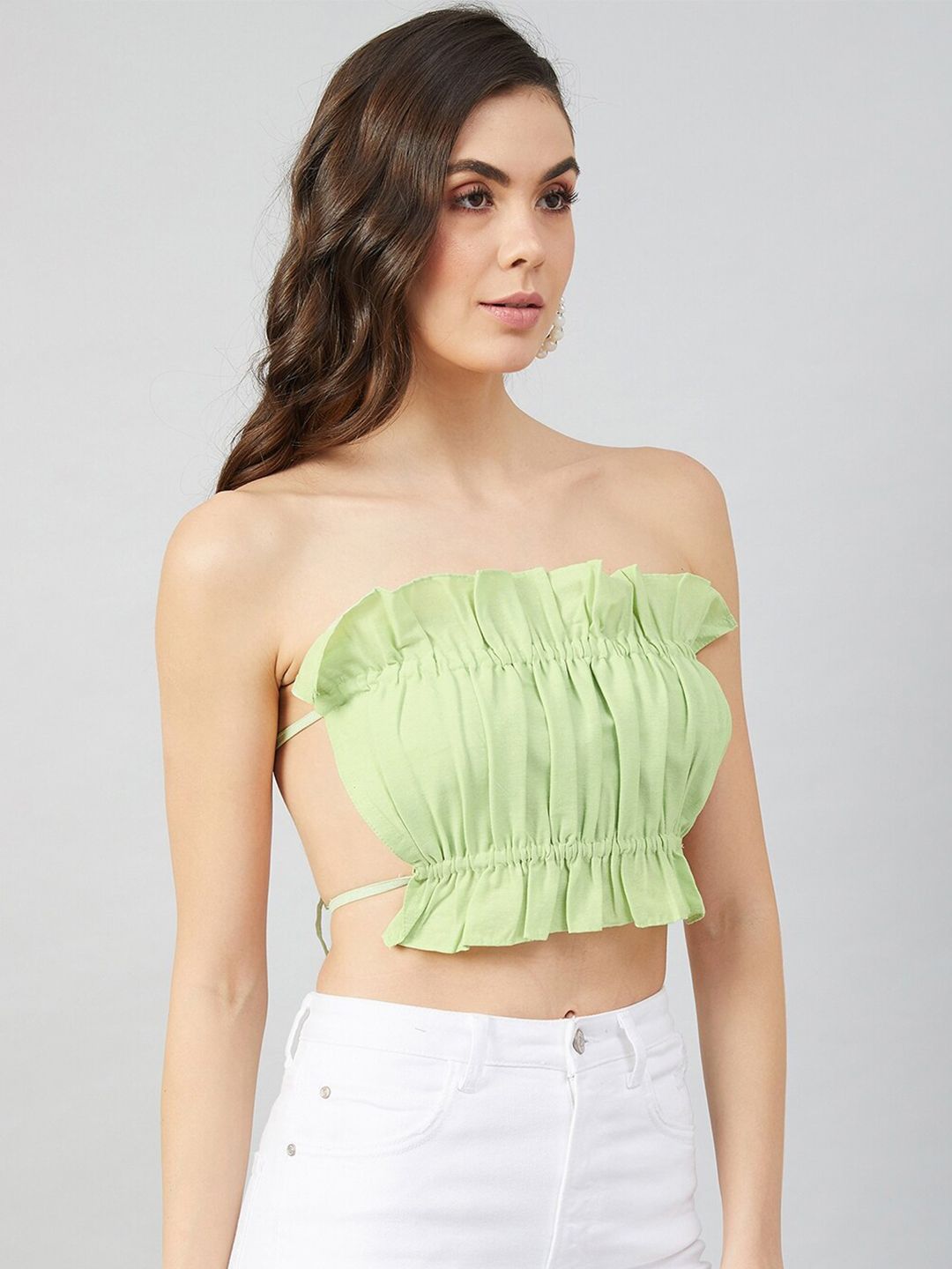 Athena Women Green Linen Tube Crop Top