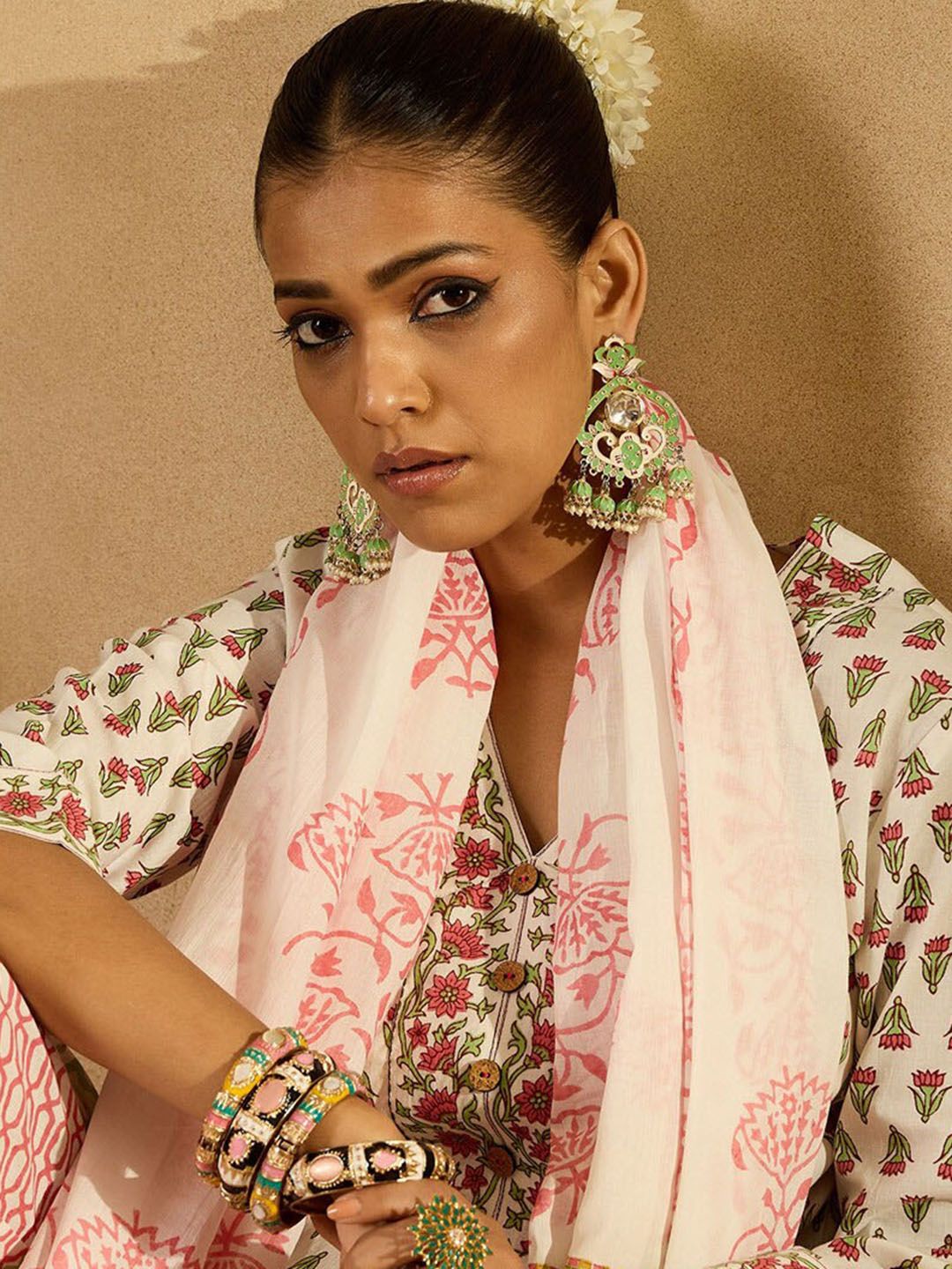 Indo Era Floral Printed V-Neck Pure Cotton Straight Kurta with Trousers & With Dupatta