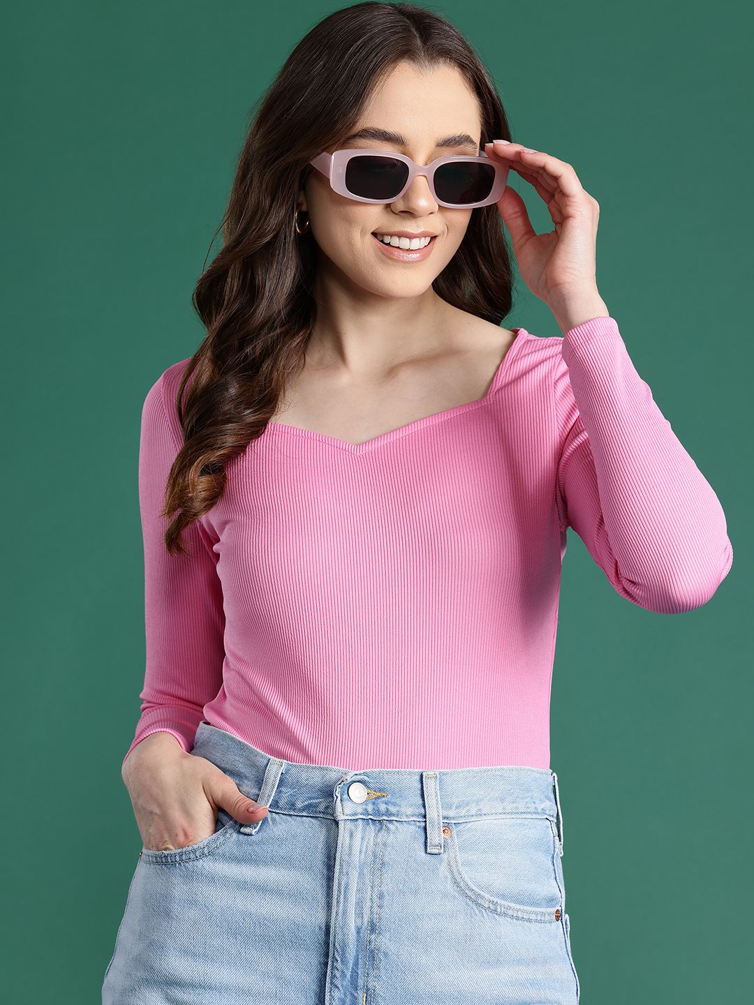 DressBerry Pink Self Design Sweetheart Neck Top