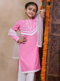 pspeaches Girls Floral Embroidered Round Neck Straight Kurta With Trousers & Dupatta