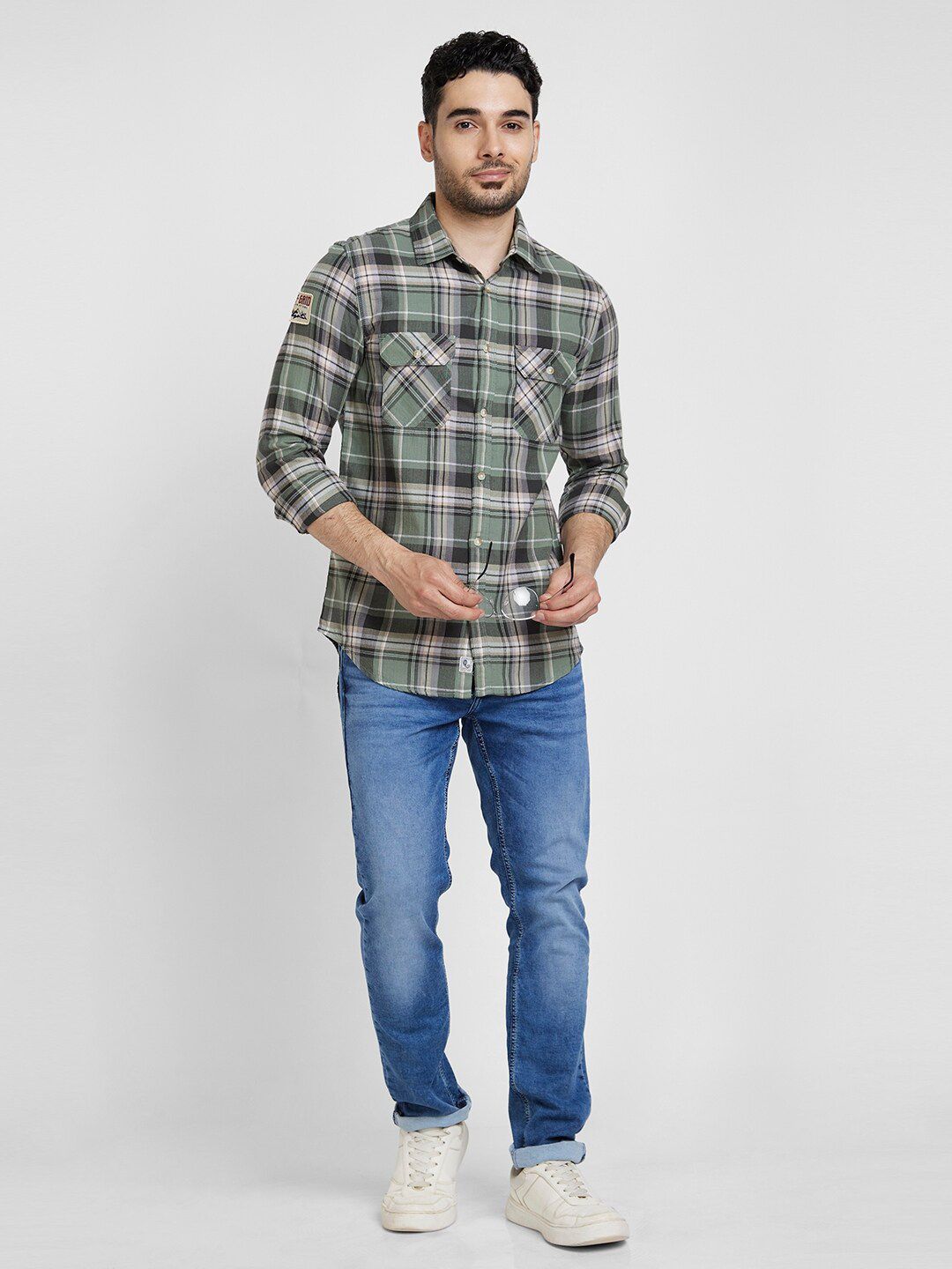 SPYKAR Classic Checked Opaque Spread Collar Opaque Cotton Casual Shirt