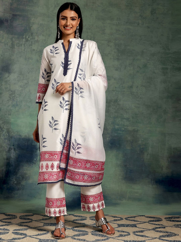 Libas White Floral Printed Gotta Patti Straight Kurta With Trousers & Dupatta