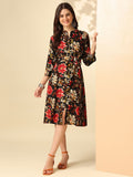 Anouk Brown Floral Printed Mandarin Collar Shirt Dress