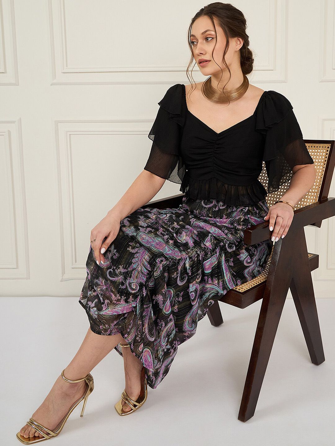 Antheaa Sweetheart Neck Crop Top With Printed Ruched Skirt