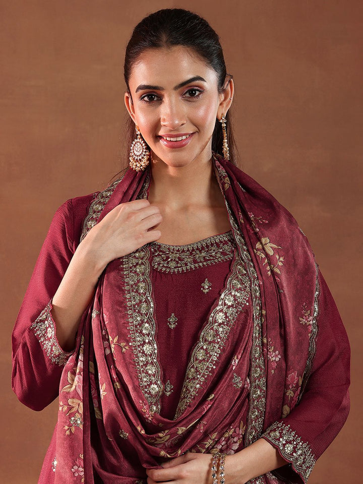 Libas Floral Embroidered Sequinned Straight Kurta with Palazzos & Dupatta