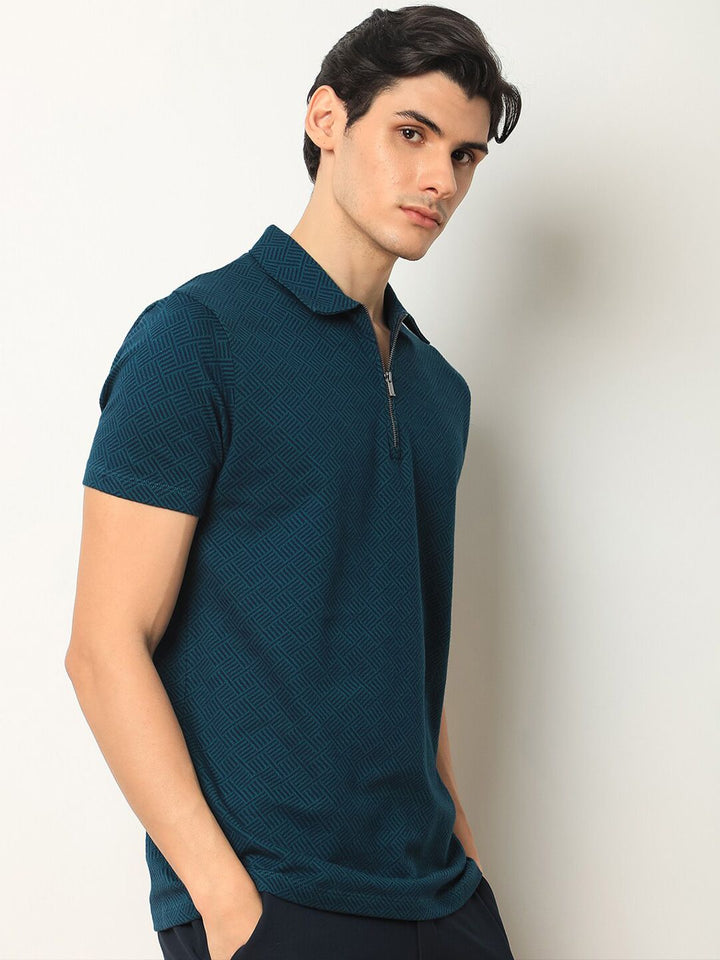 RARE RABBIT Men Cabetta Geometric Printed Polo Collar Cotton Slim Fit T-Shirt