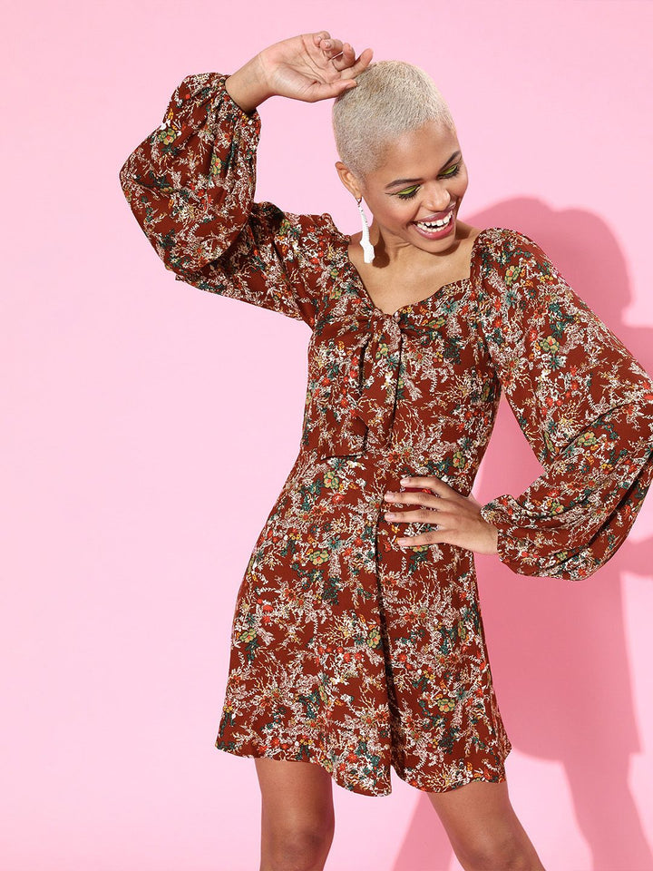 Berrylush Women Charming Maroon Floral Sweetheart Neck Dress