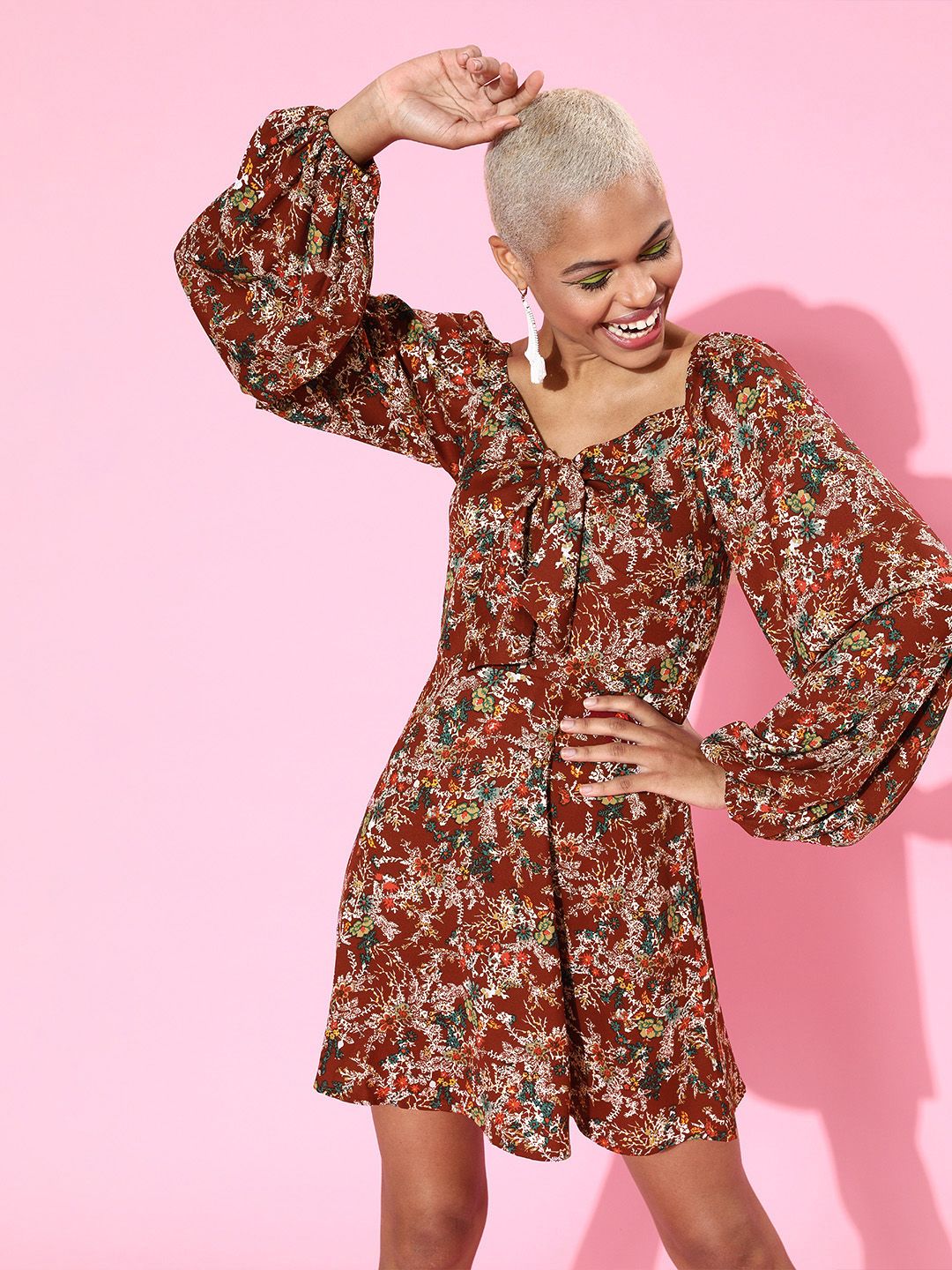 Berrylush Women Charming Maroon Floral Sweetheart Neck Dress