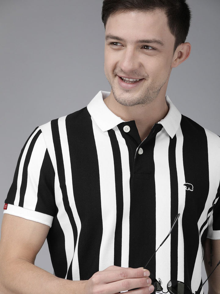 THE BEAR HOUSE Men Black  White Striped Polo Collar Slim Fit Pure Cotton T-shirt