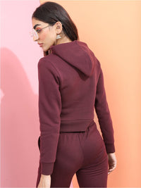 Tokyo Talkies Women Burgundy Hooded Sweatshirt
