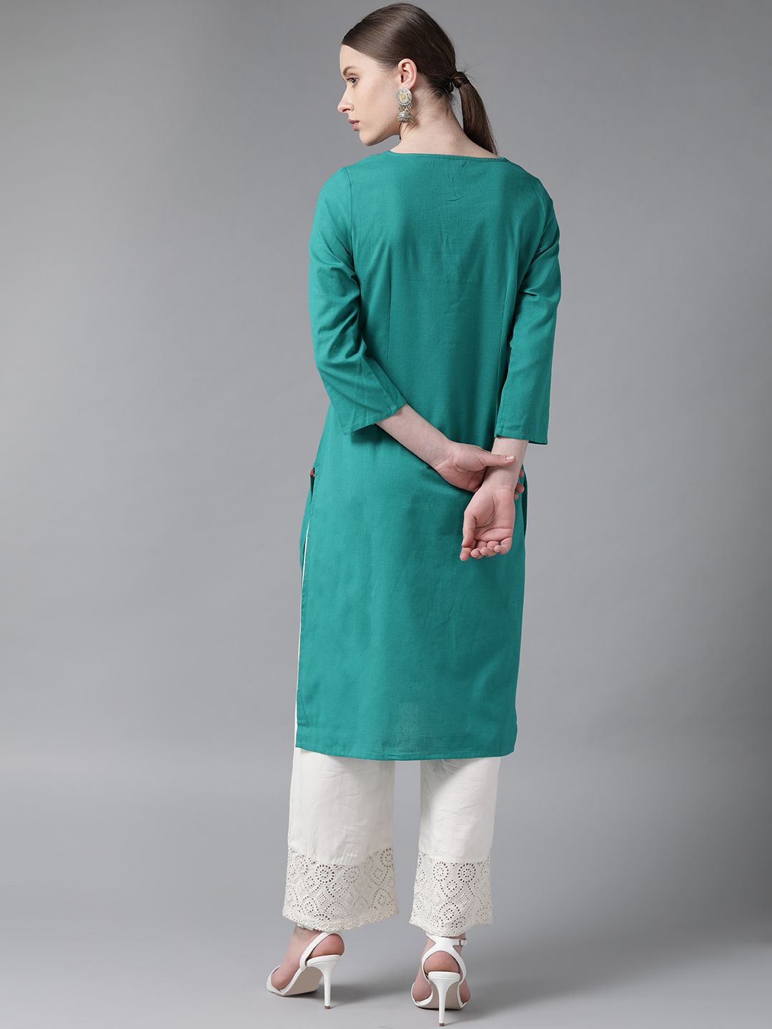 W Women Green Solid Straight Kurta