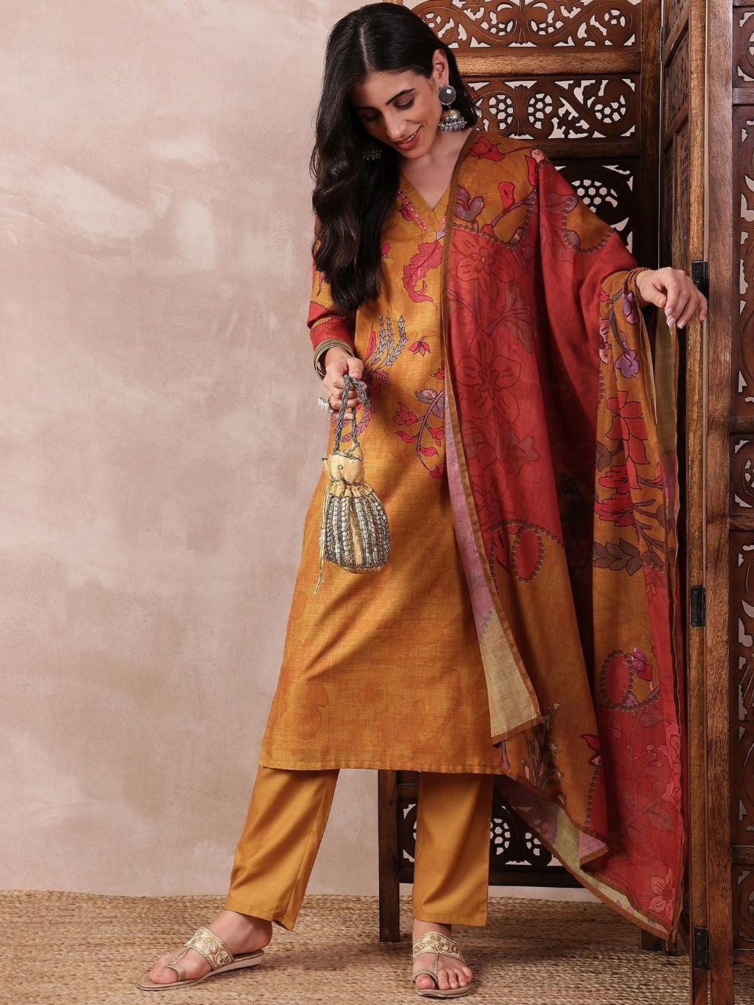 KALINI Floral Printed Mirror Work Straight Kurta with Trouser And Dupatta