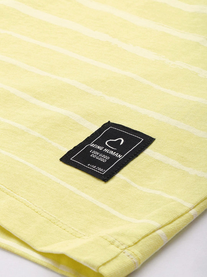 Being Human Men Lime Green & Off White Striped Pure Cotton T-shirt