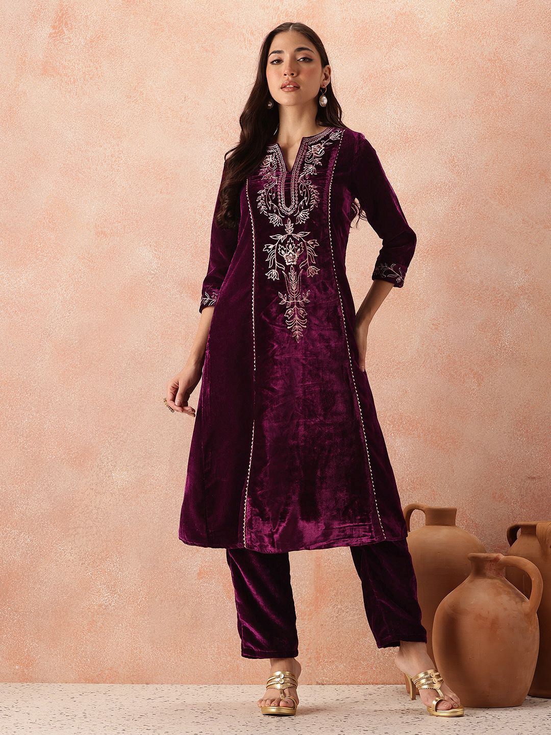 all about you Velvet Finish Floral Embroidered Gotta Patti Kurta with Trousers