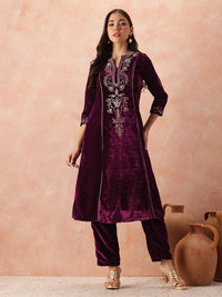 all about you Velvet Finish Floral Embroidered Gotta Patti Kurta with Trousers