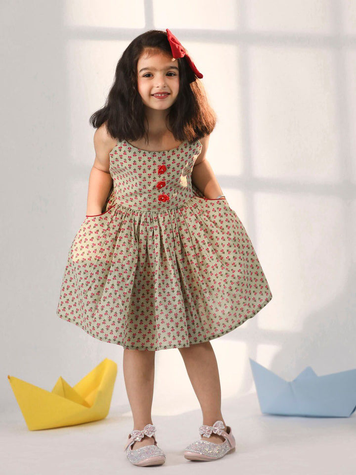 VASTRAMAY Girls Floral Printed Shoulder Straps Gathered Detail Cotton Fit & Flare Dress