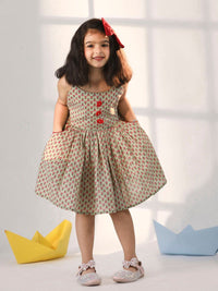 VASTRAMAY Girls Floral Printed Shoulder Straps Gathered Detail Cotton Fit & Flare Dress