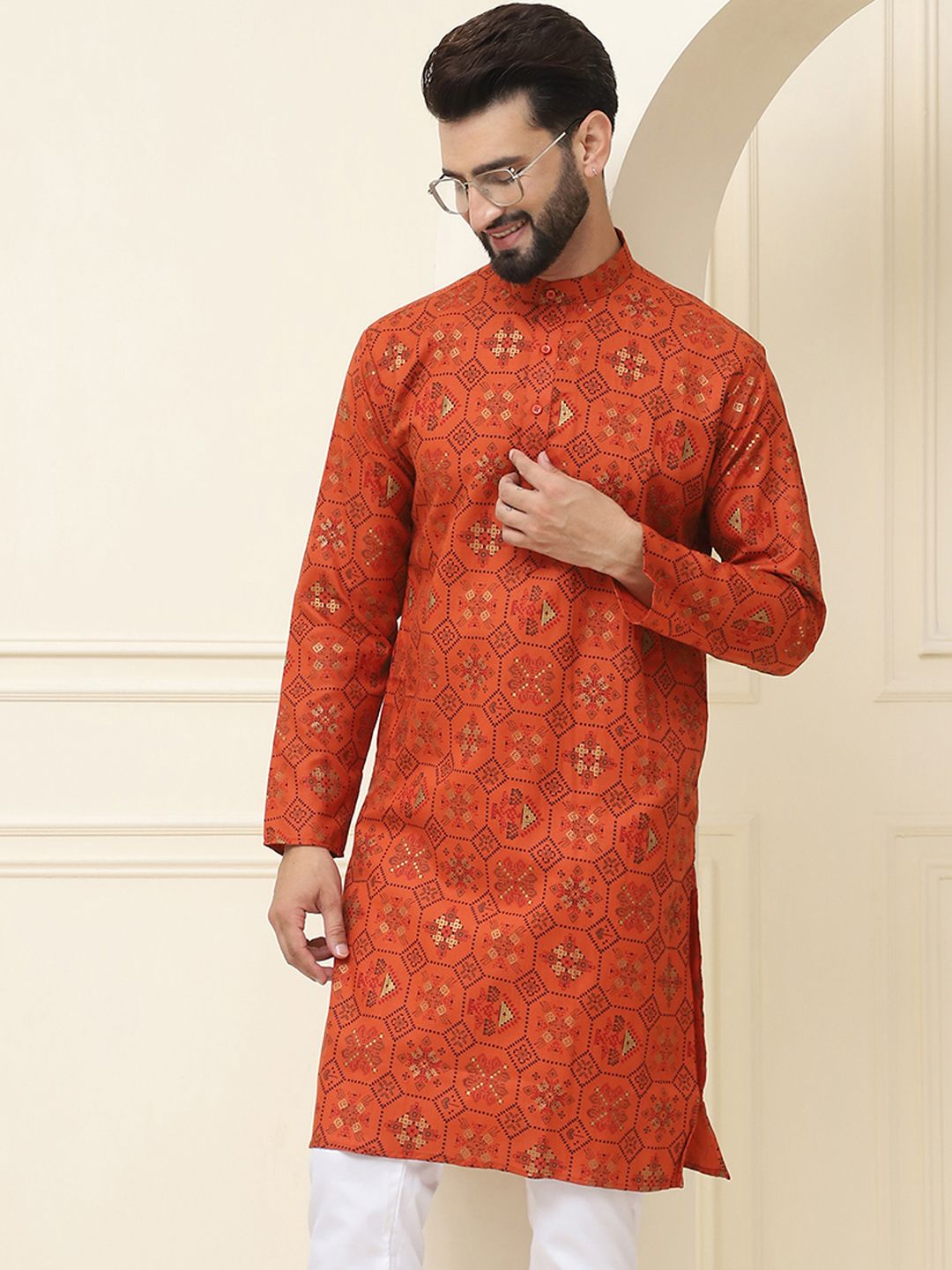 SOJANYA Men Orange & White Geometric Printed  Cotton Linen Kurta