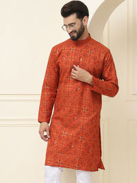 SOJANYA Men Orange & White Geometric Printed  Cotton Linen Kurta