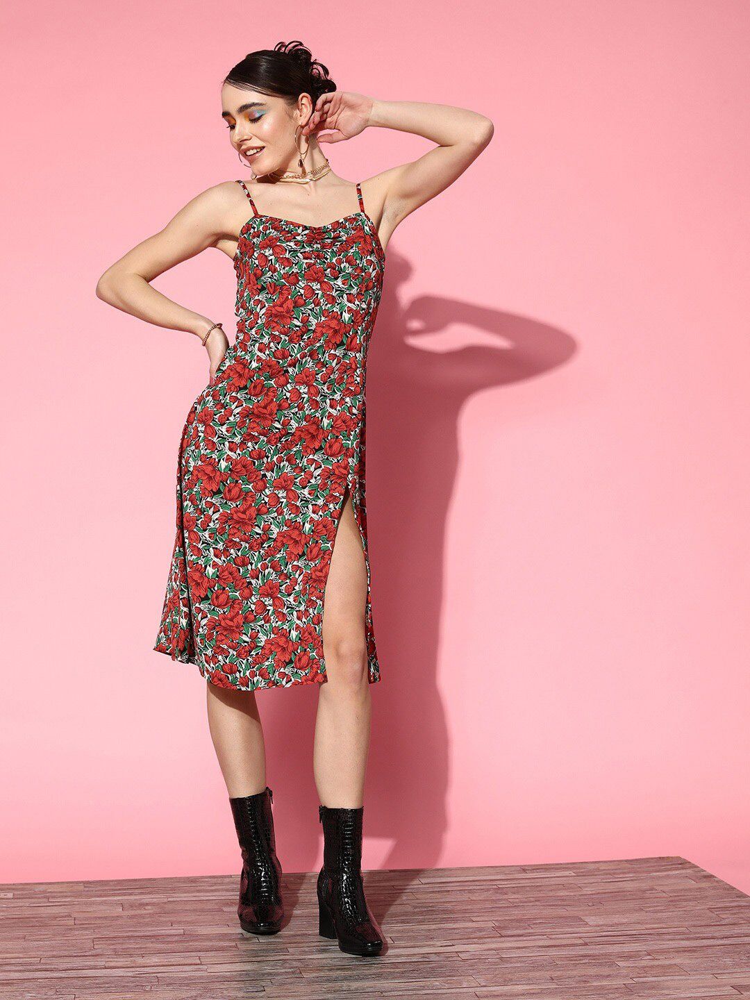 Berrylush Floral Print Crepe A-Line Dress