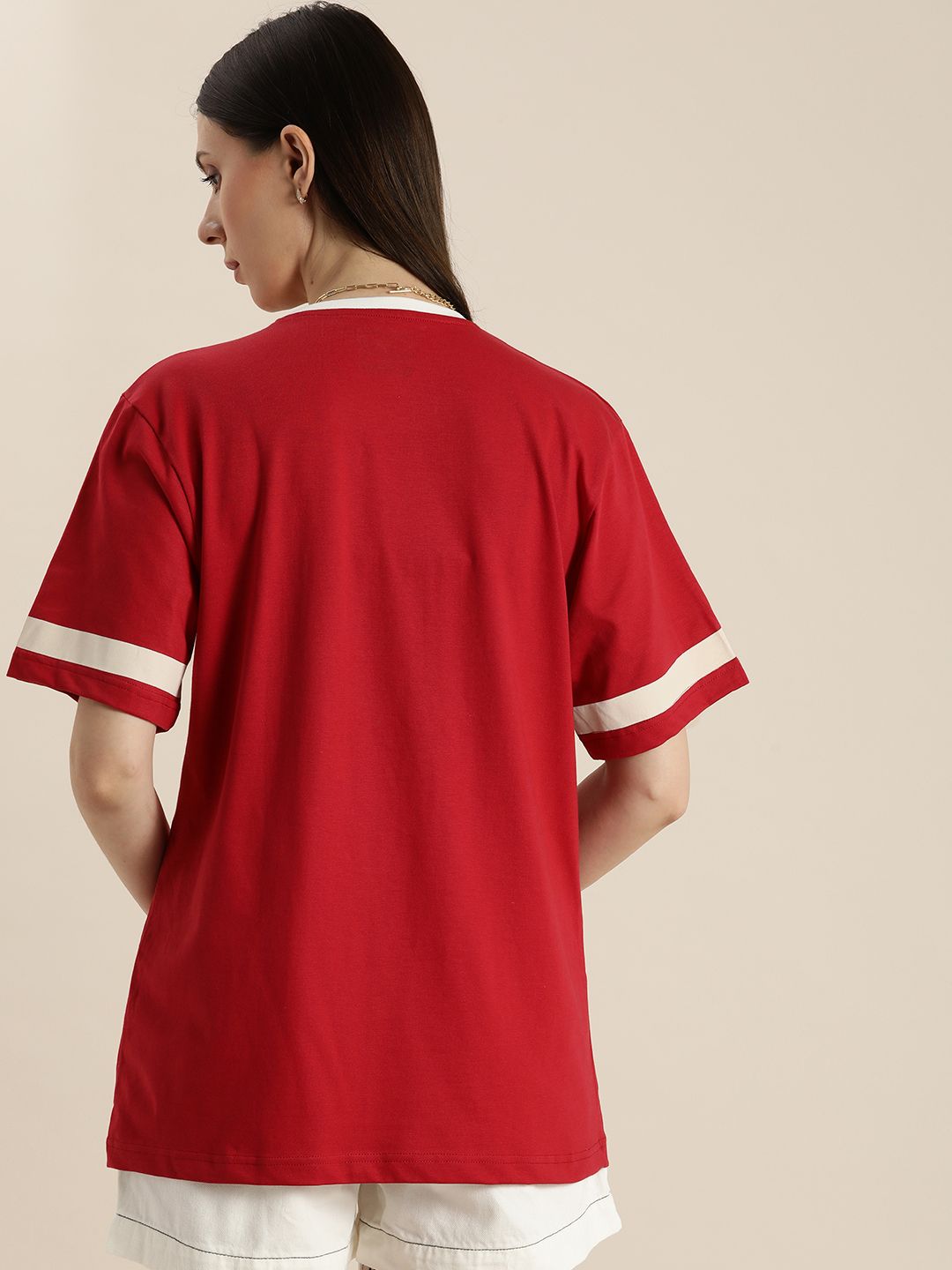 DILLINGER Women Red & Beige Varsity Printed Pure Cotton Loose T-shirt