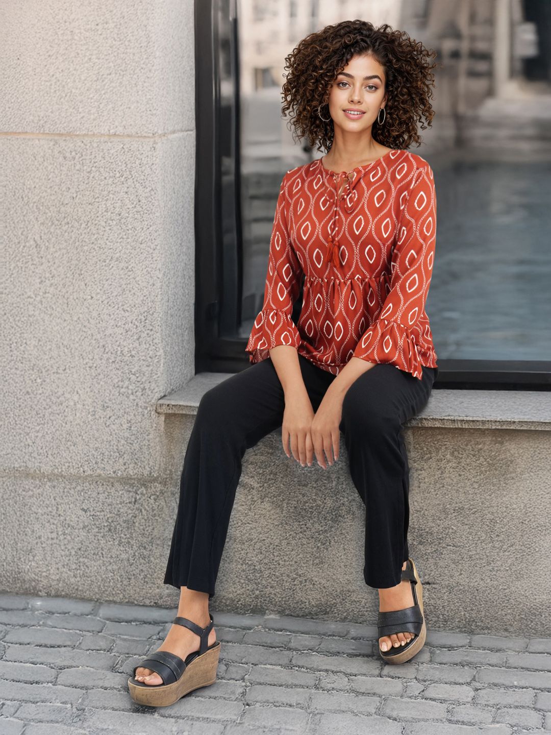 DressBerry Printed Tie-Up Neck Bell Sleeve Peplum Top