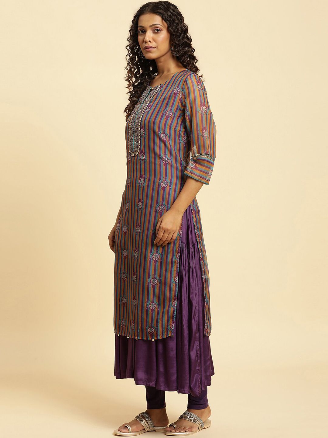 W Striped Sequined Kurta With Dupatta