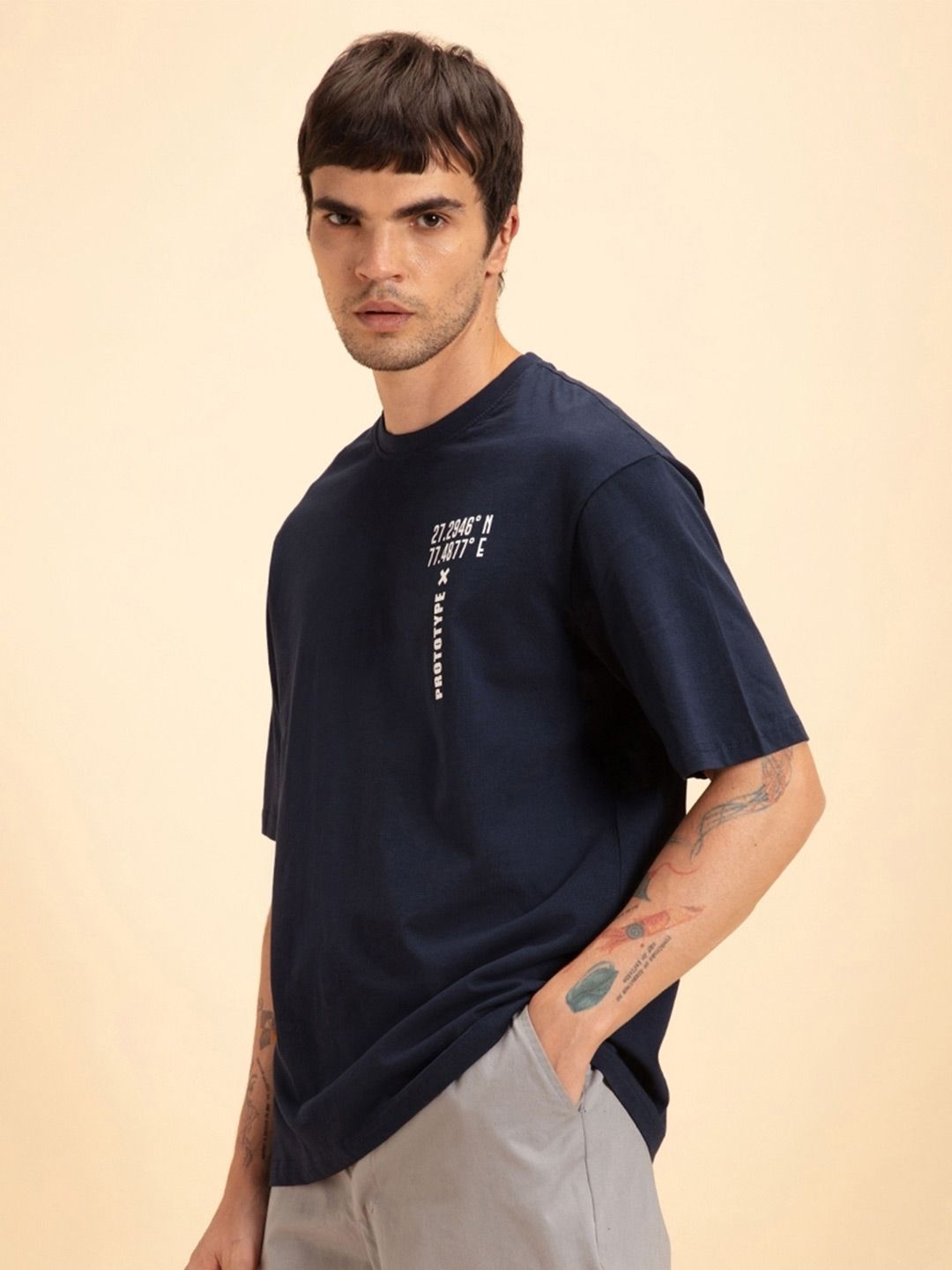 Bewakoof Men Pure Cotton Blue Printed Oversized T-shirt