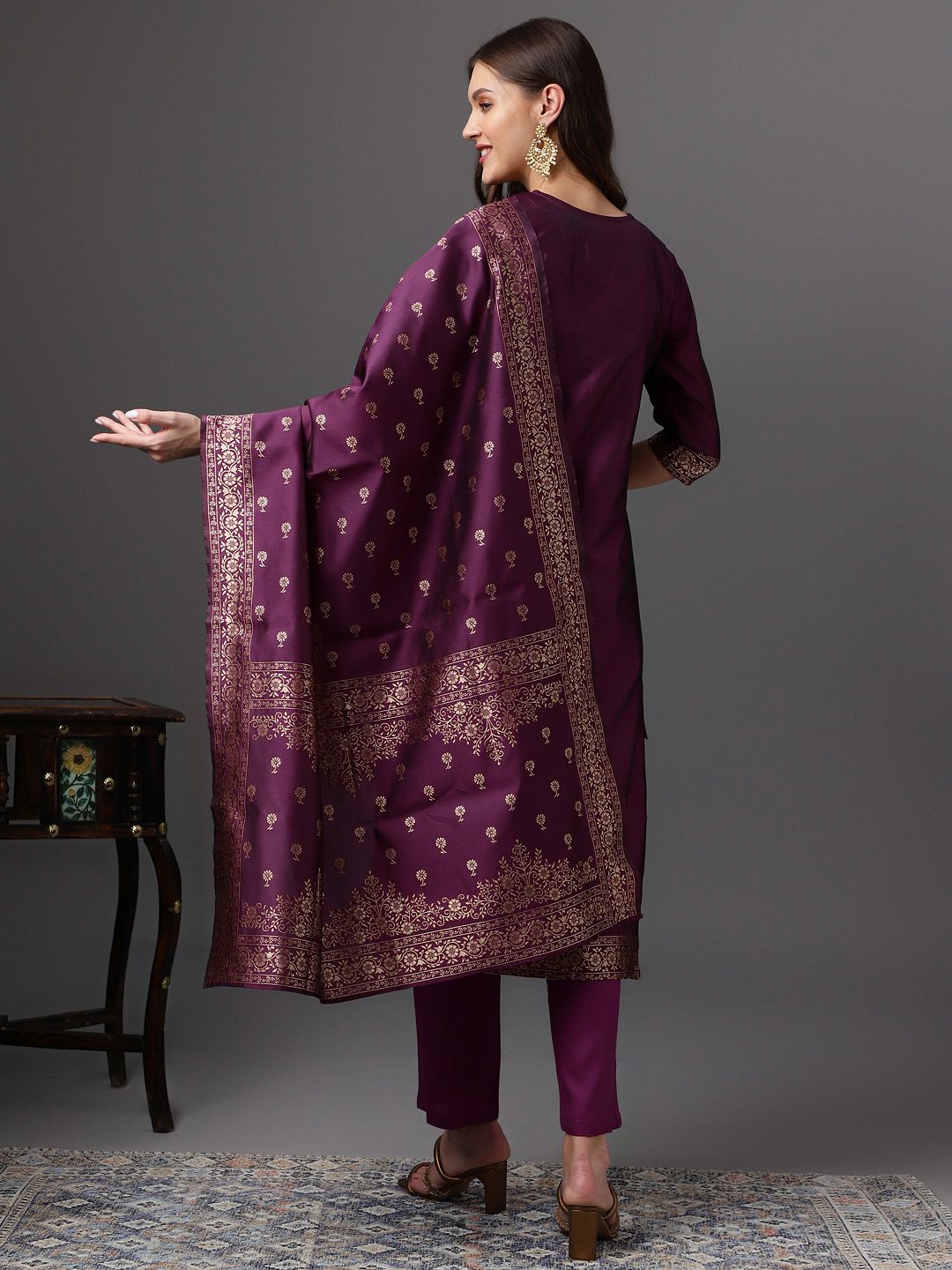 Anouk Zari Woven Design Kurta with Trousers & Dupatta