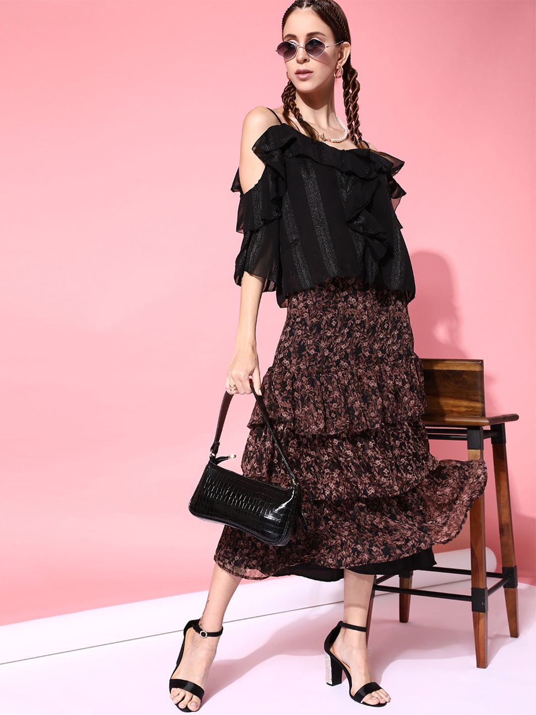 STREET 9 Women Brown Floral Printed Frill Skirts