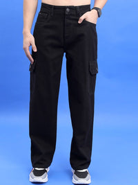 HIGHLANDER Men Black Wide Leg Clean Look Cargo Jeans