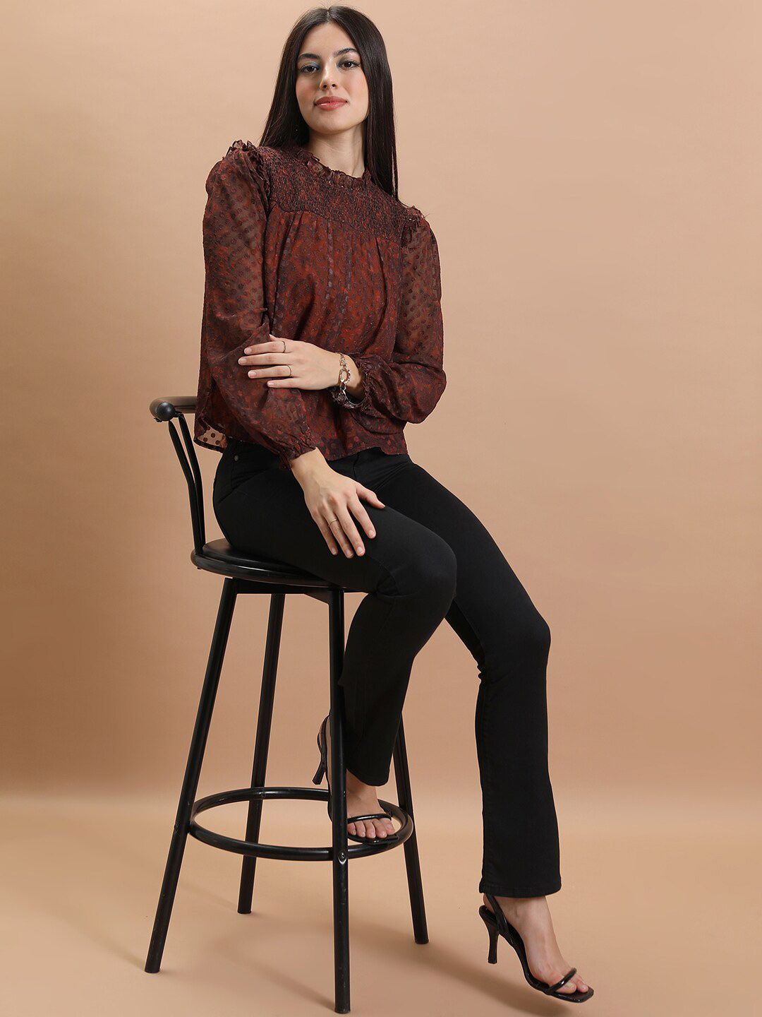 Tokyo Talkies Rust Smocked Print Blouson Top