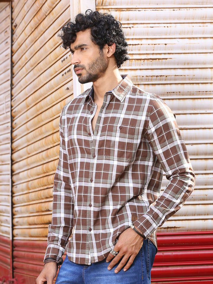 Thomas Scott Slim Fit Tartan Checked Spread Collar Long Sleeves Cotton Casual Shirt