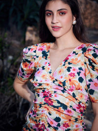 Berrylush Floral Printed Ruched Sheath Dress