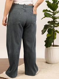 CURVY STREET Women Plus Size Grey Mid-Rise Clean Look Pure Cotton Wide Leg Jeans
