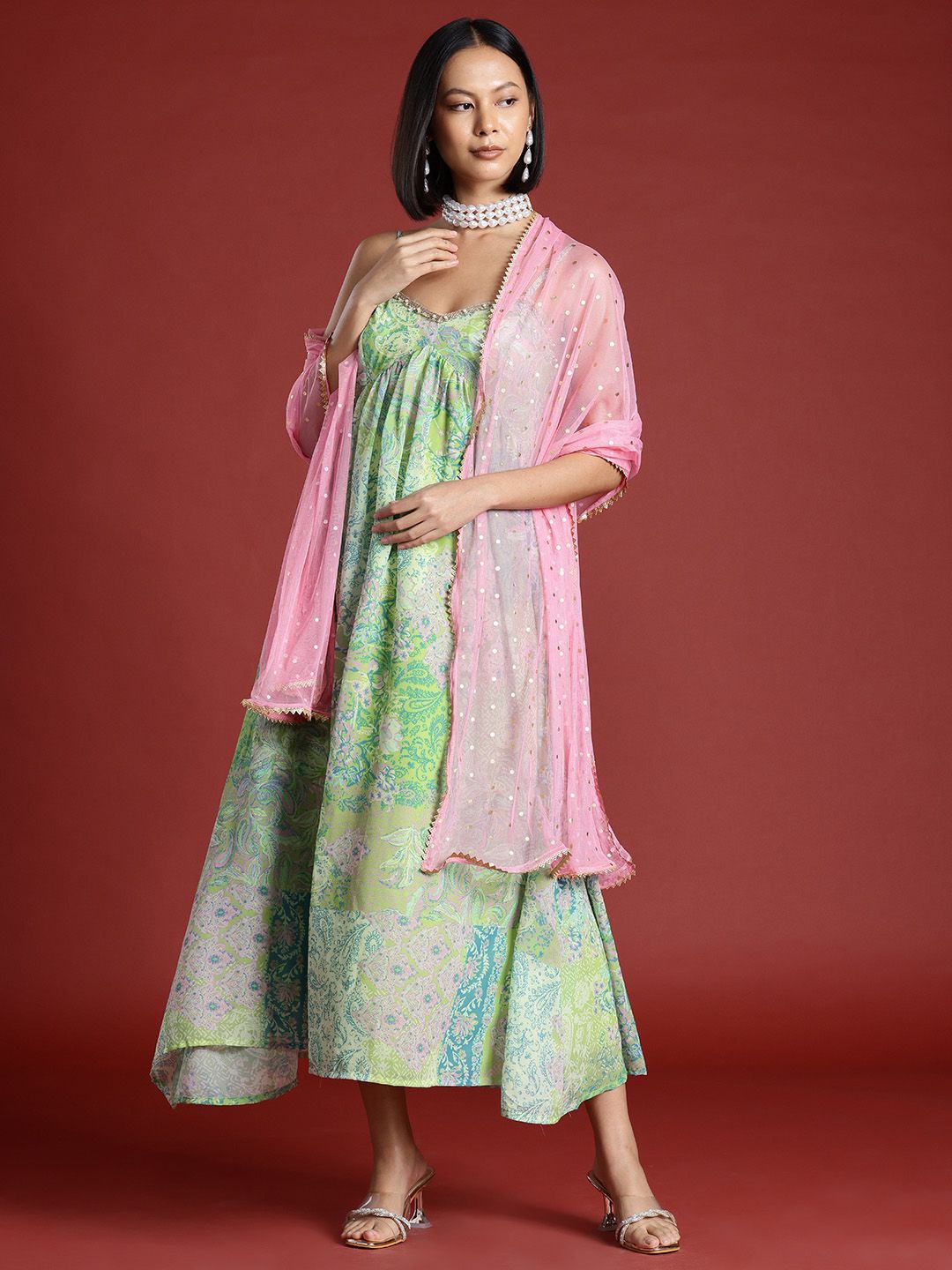 all about you Printed Ethnic Maxi Dress with Dupatta