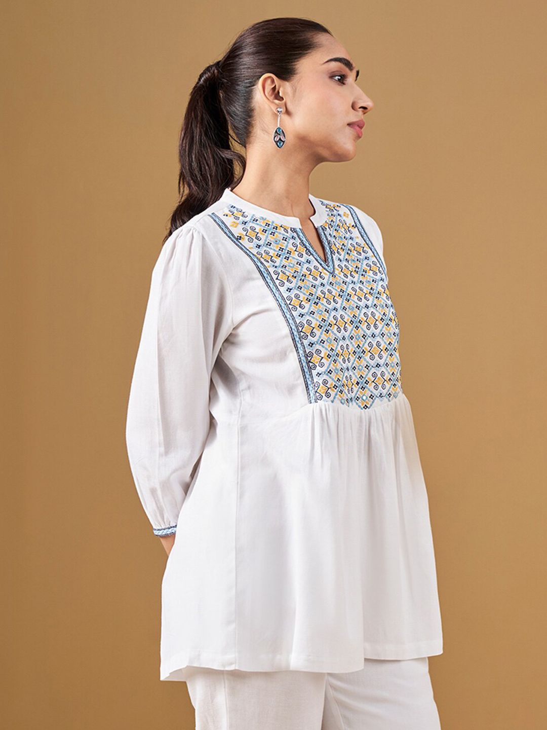 Global Desi Geometric Embroidered Mandarin Collar A-Line Top