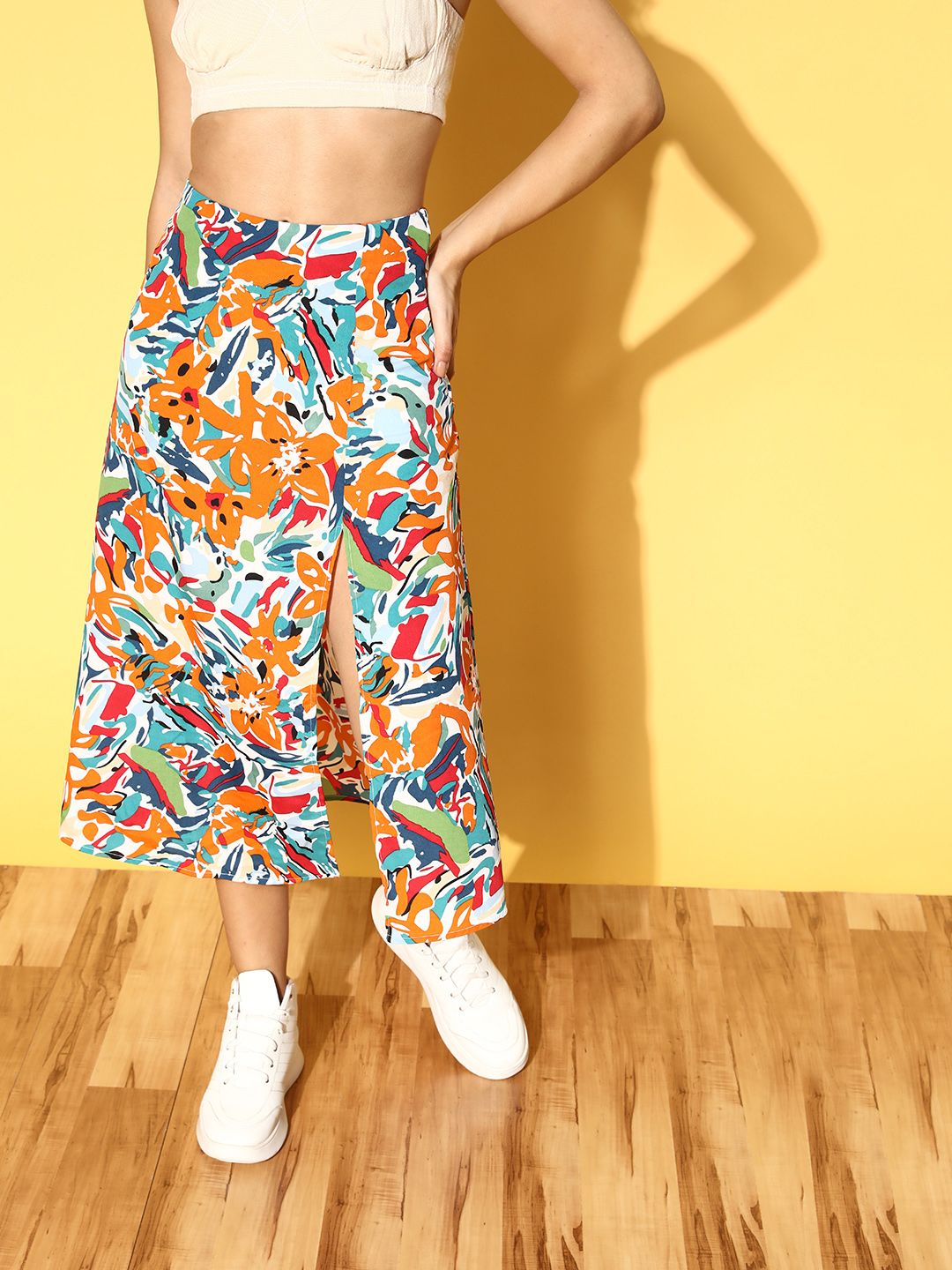 Berrylush White Abstract Peekaboo Bottom Skirt