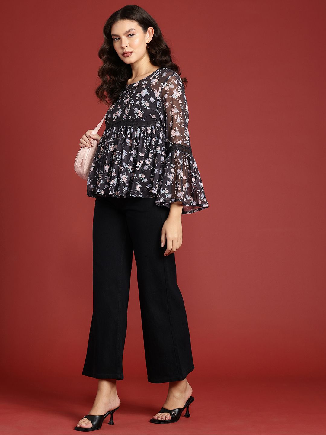 all about you Floral Printed Semi Sheer Gathered A-Line Top