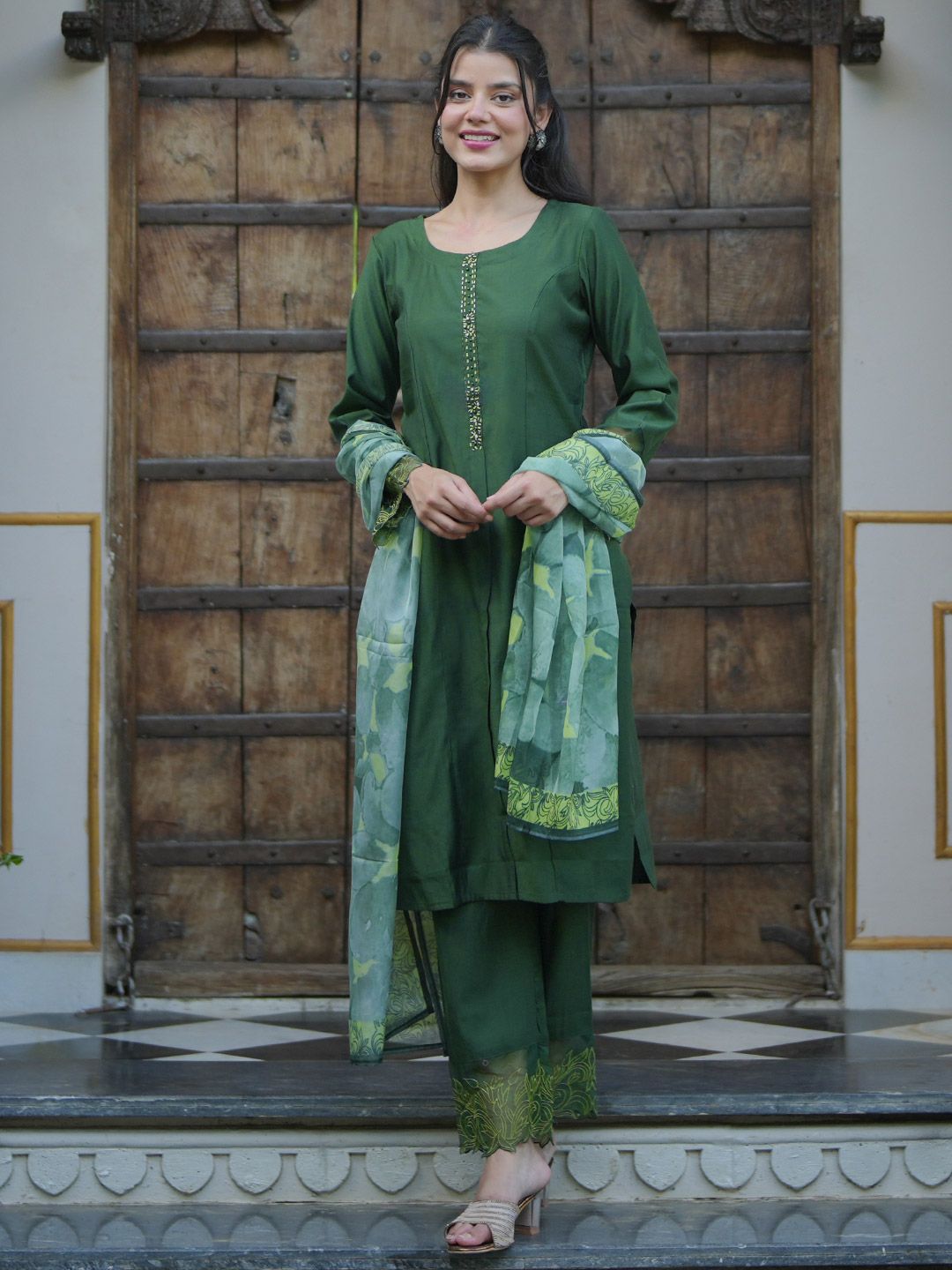 Libas Floral Yoke Design Panelled Beads and Stones Straight Kurta with Trousers & Dupatta