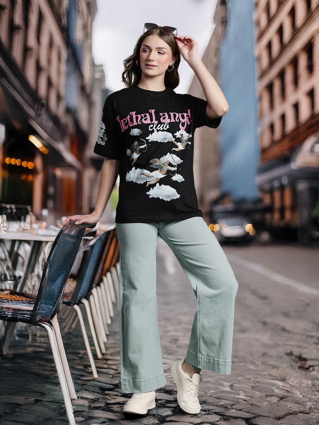 DressBerry Women Pure Cotton Graphic Drop-Shoulder Sleeves T-shirt